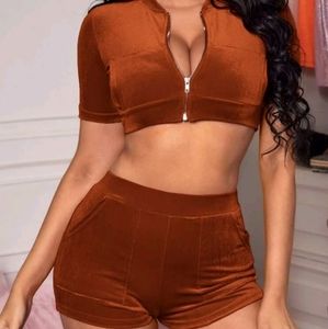 Zipper Front Velvet Crop Top And Shorts Set